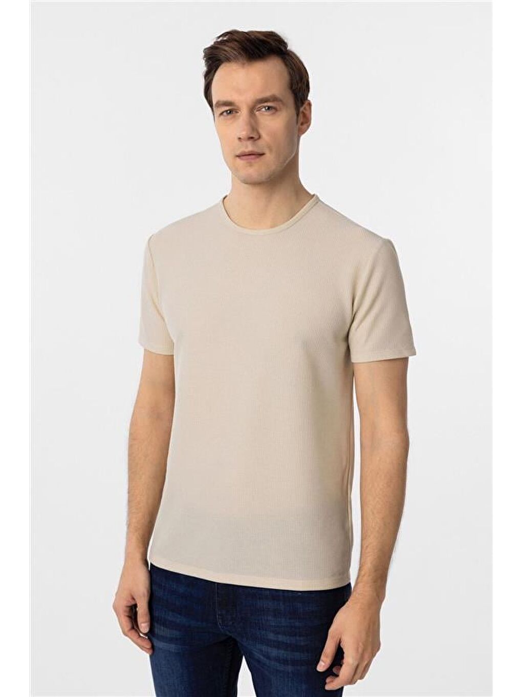 Bej Slim Armürlü Bisiklet Yaka Tişört-1