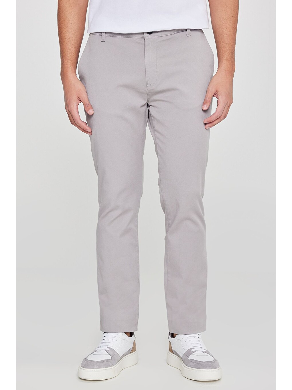 Erkek Gri Pamuklu Slim Fit Dar Kesim Yan Cepli Esnek Chino Pantolon-1