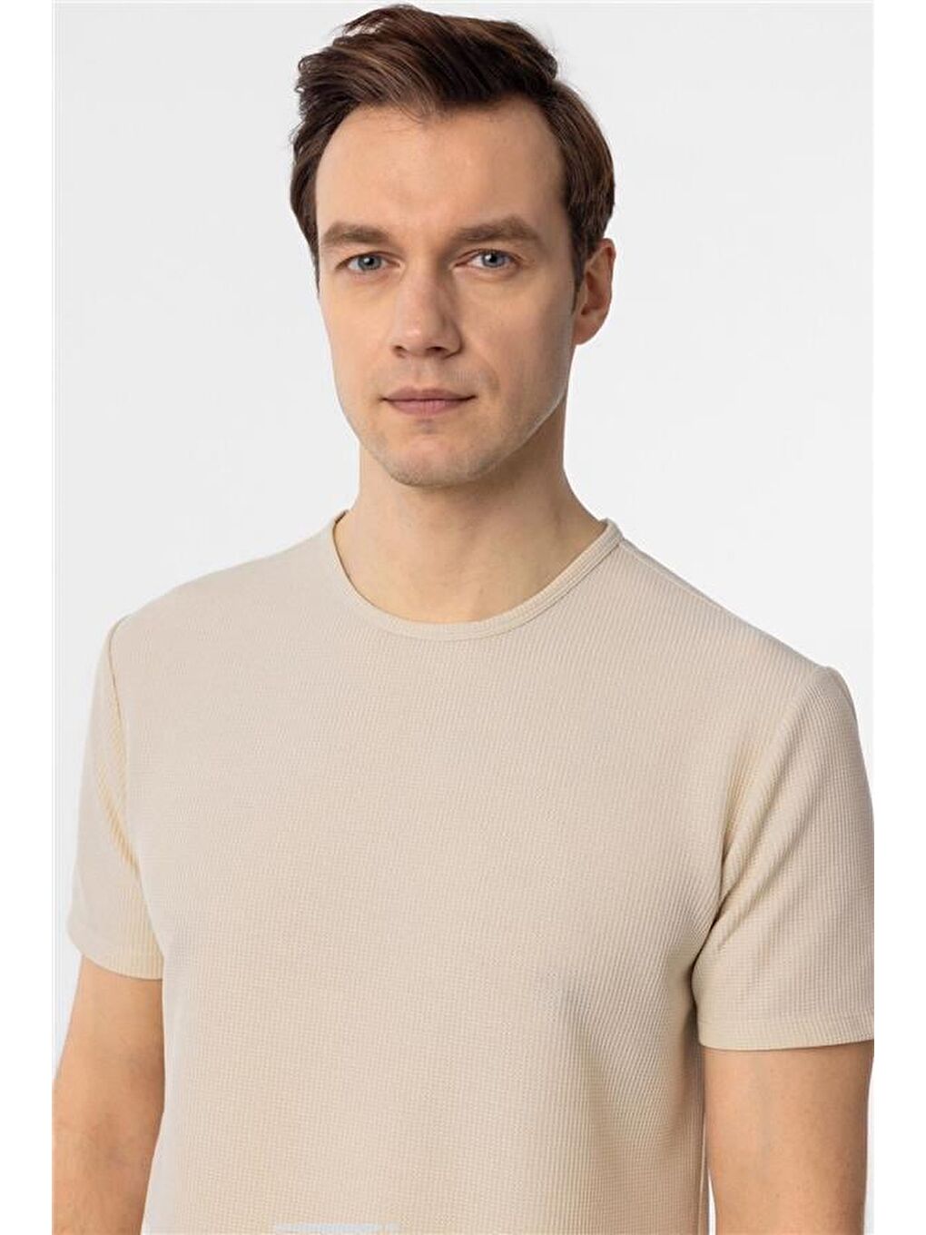 Bej Slim Armürlü Bisiklet Yaka Tişört-2