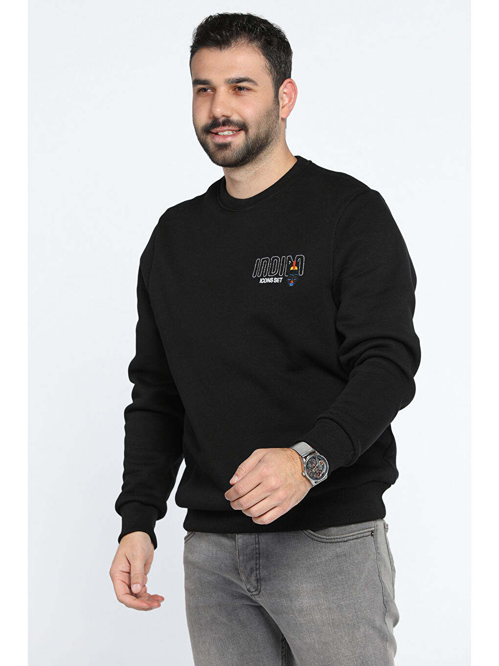 Mishar İtalia Siyah Bisiklet Yaka Nakışlı Erkek Sweatshirt