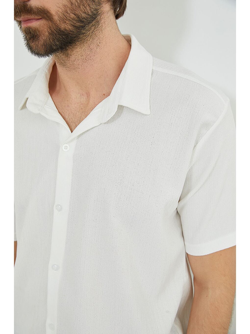 Ekru Jakarlı Kısa Kollu Gömlek-2