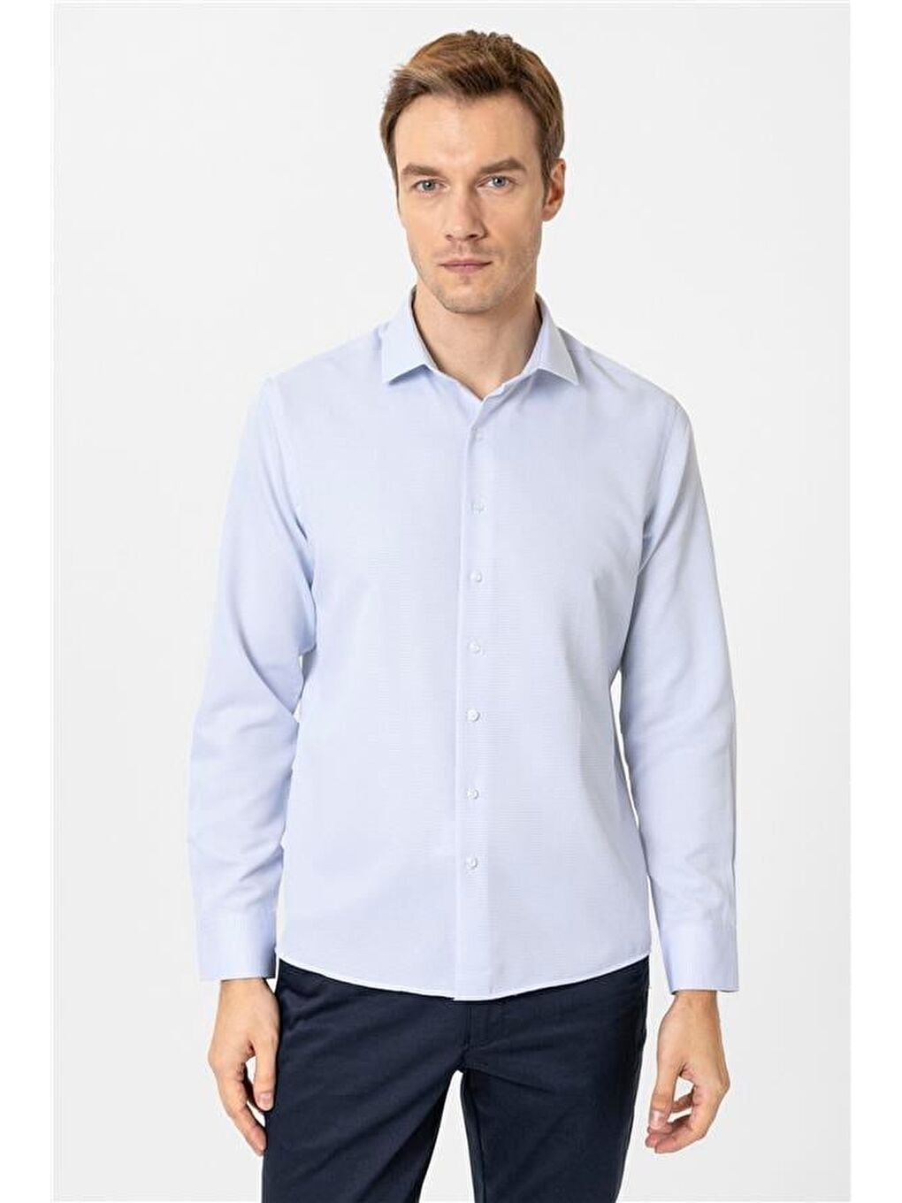 Buz Mavi Slim Armürlü Klasik Yaka Gömlek-1