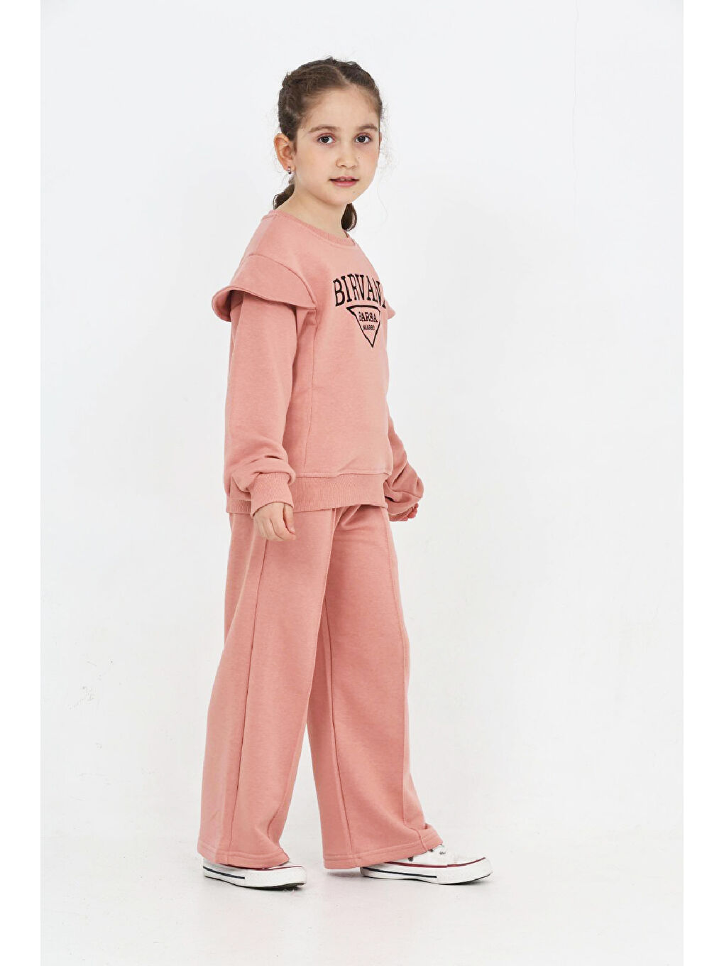 Pembe Kız Çocuk Omuz Vatka Detaylı 3 İplik Eşofman Takımı 4-8 Yaş 12560-2