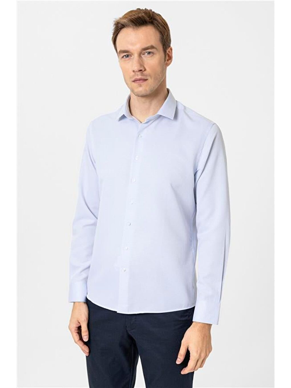 Buz Mavi Slim Armürlü Klasik Yaka Gömlek-2