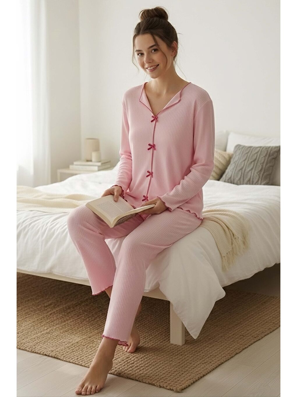 Fitilli Pijama Takımı Pembe - 28069-PEMBE