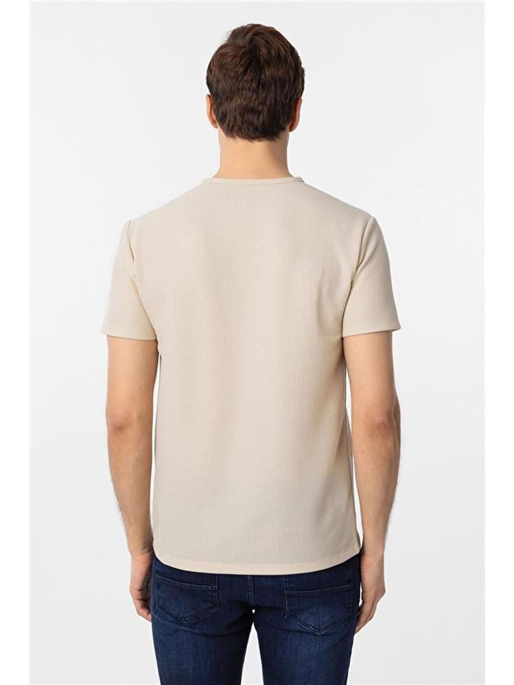 Bej Slim Armürlü Bisiklet Yaka Tişört-3