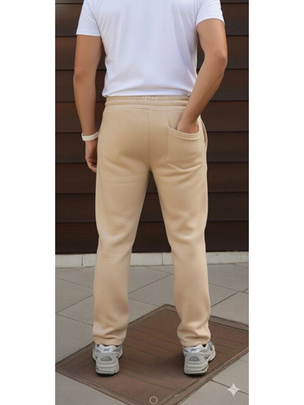 Erkek Üç Iplik Kışlık Pamuklu Ovarsize Bağcıklı Düz Paça Cepli Eşofman Altı Spor Rahat Model - Bej-1