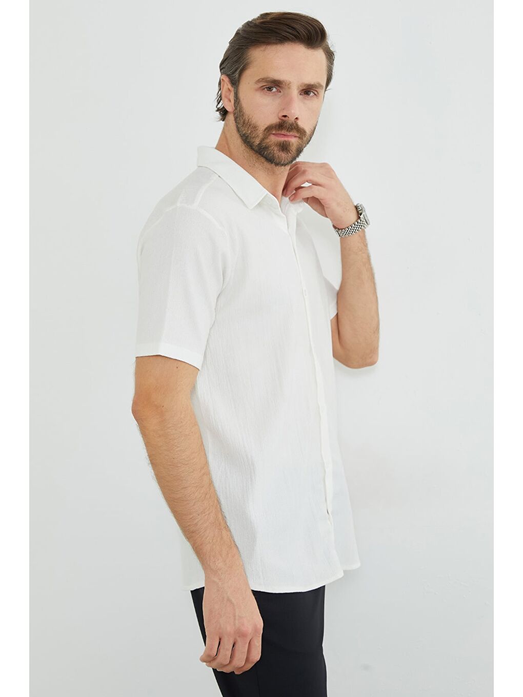 Ekru Jakarlı Kısa Kollu Gömlek-3