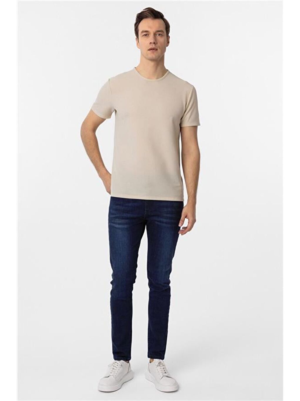 Bej Slim Armürlü Bisiklet Yaka Tişört-4