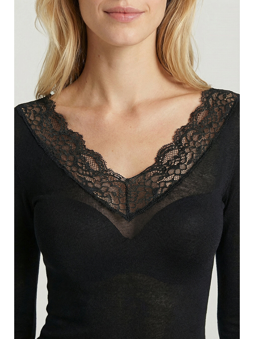 Siyah Dantelli Transparan Örme Bluz SİYAH LBY0049-3