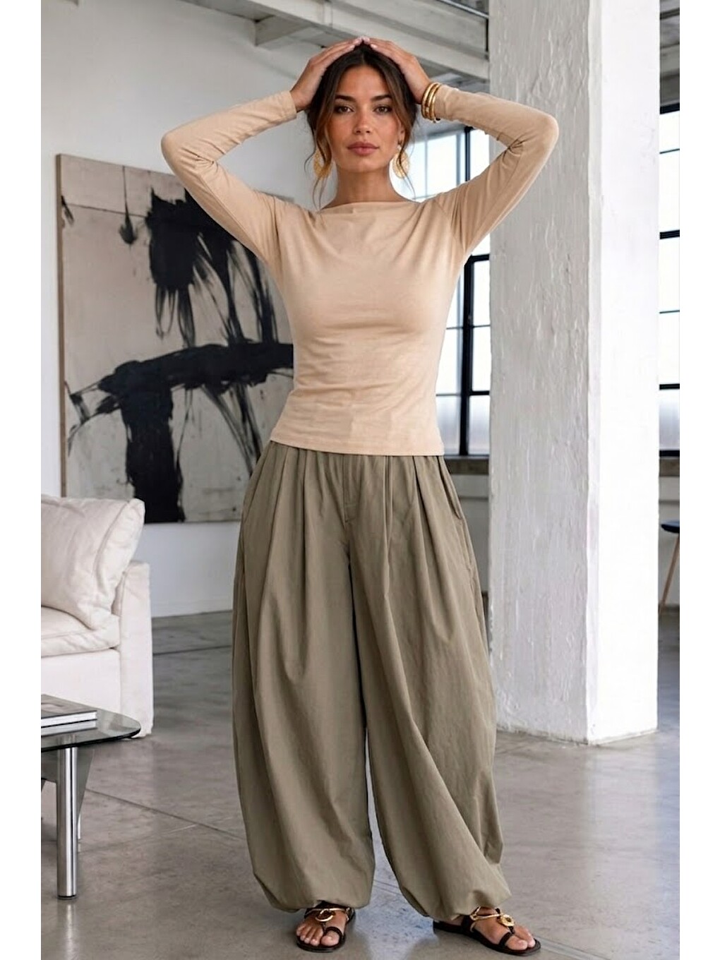 Kadın Gabardin Pamuklu Casual Bej Bluz-1
