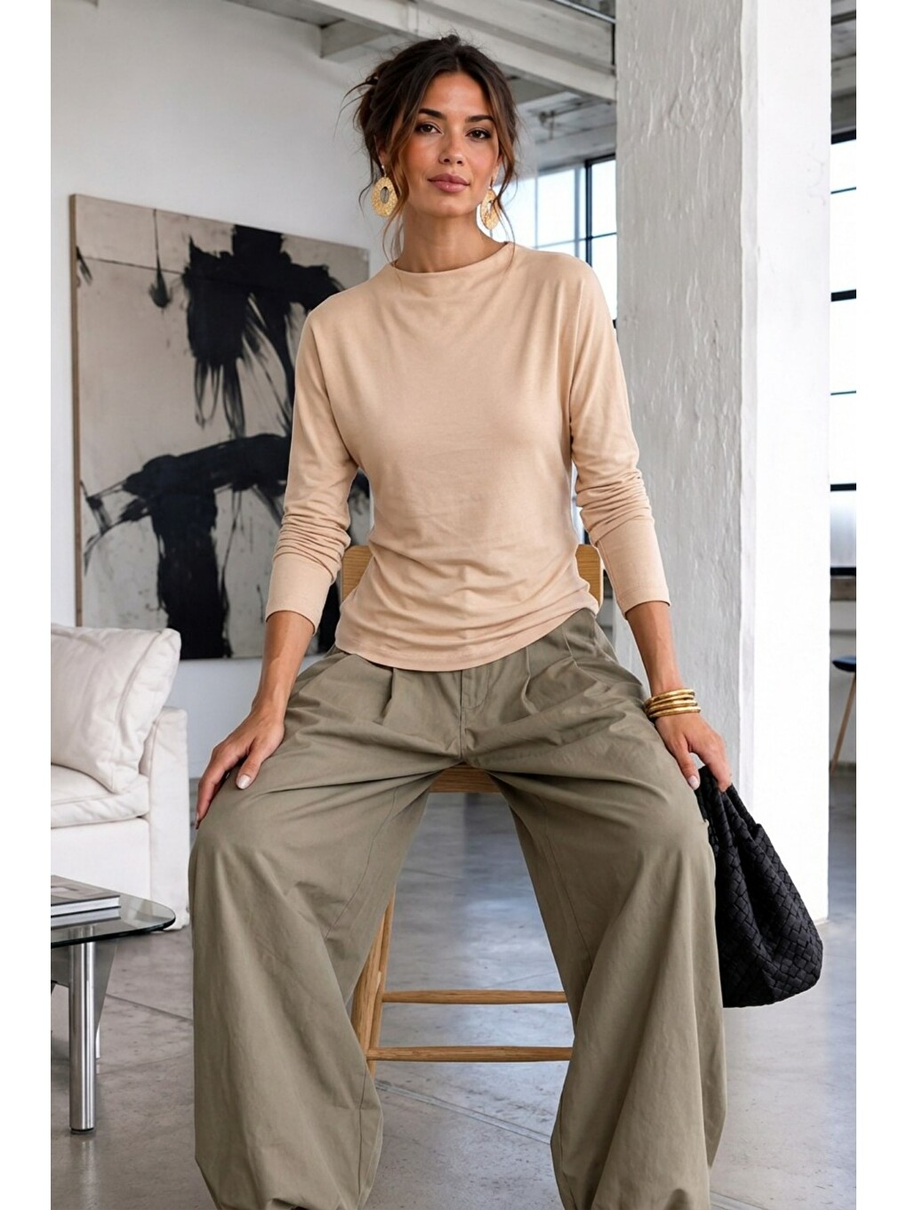 Kadın Gabardin Pamuklu Casual Bej Bluz-2