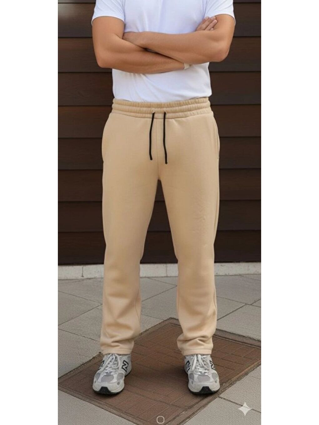 Erkek Üç Iplik Kışlık Pamuklu Ovarsize Bağcıklı Düz Paça Cepli Eşofman Altı Spor Rahat Model - Bej-2