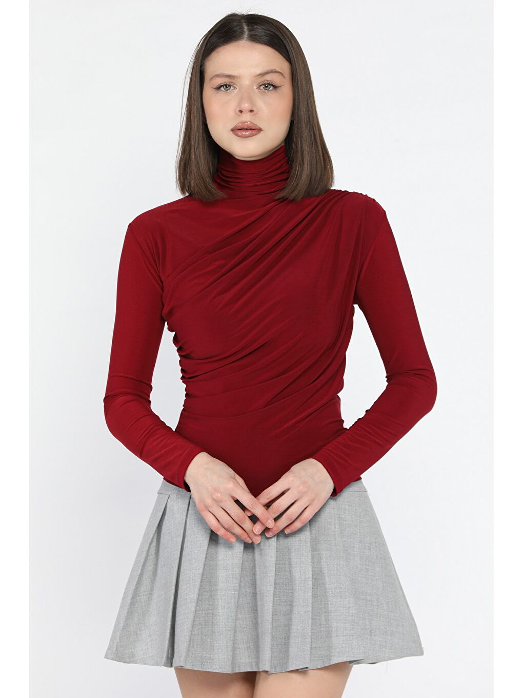 Bordo Omuz Ve Bel Drapeli Uzun Kol Bluz