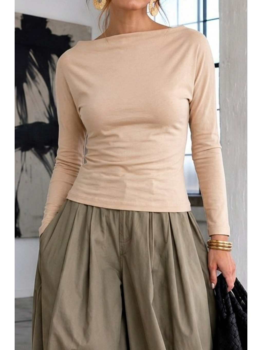 Kadın Gabardin Pamuklu Casual Bej Bluz-4