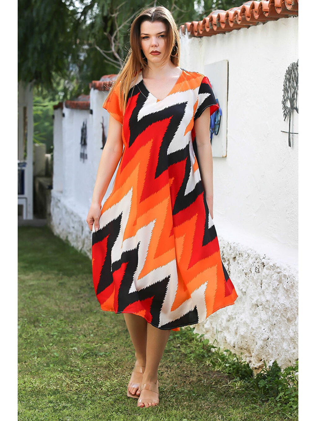 Turuncu V Yaka Düşük Kol Allover Baskılı Casual Viskon Dokuma Elbise 115 66-5