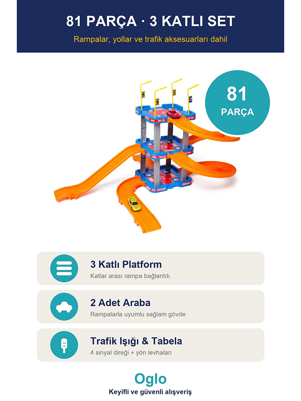3 Katlı Otopark Garaj Oyun Seti 81 Parça 2 Araba Rampalı-2