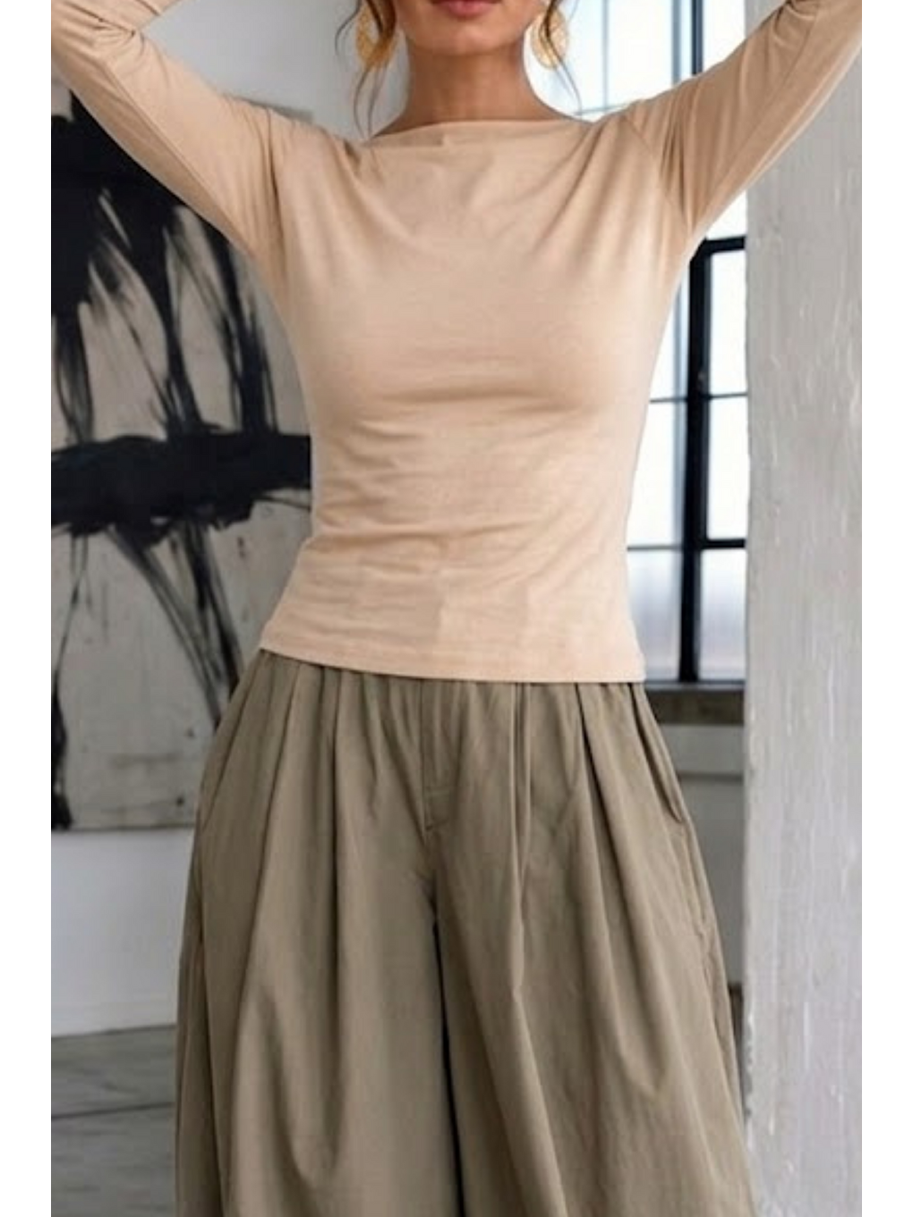 Kadın Gabardin Pamuklu Casual Bej Bluz-5