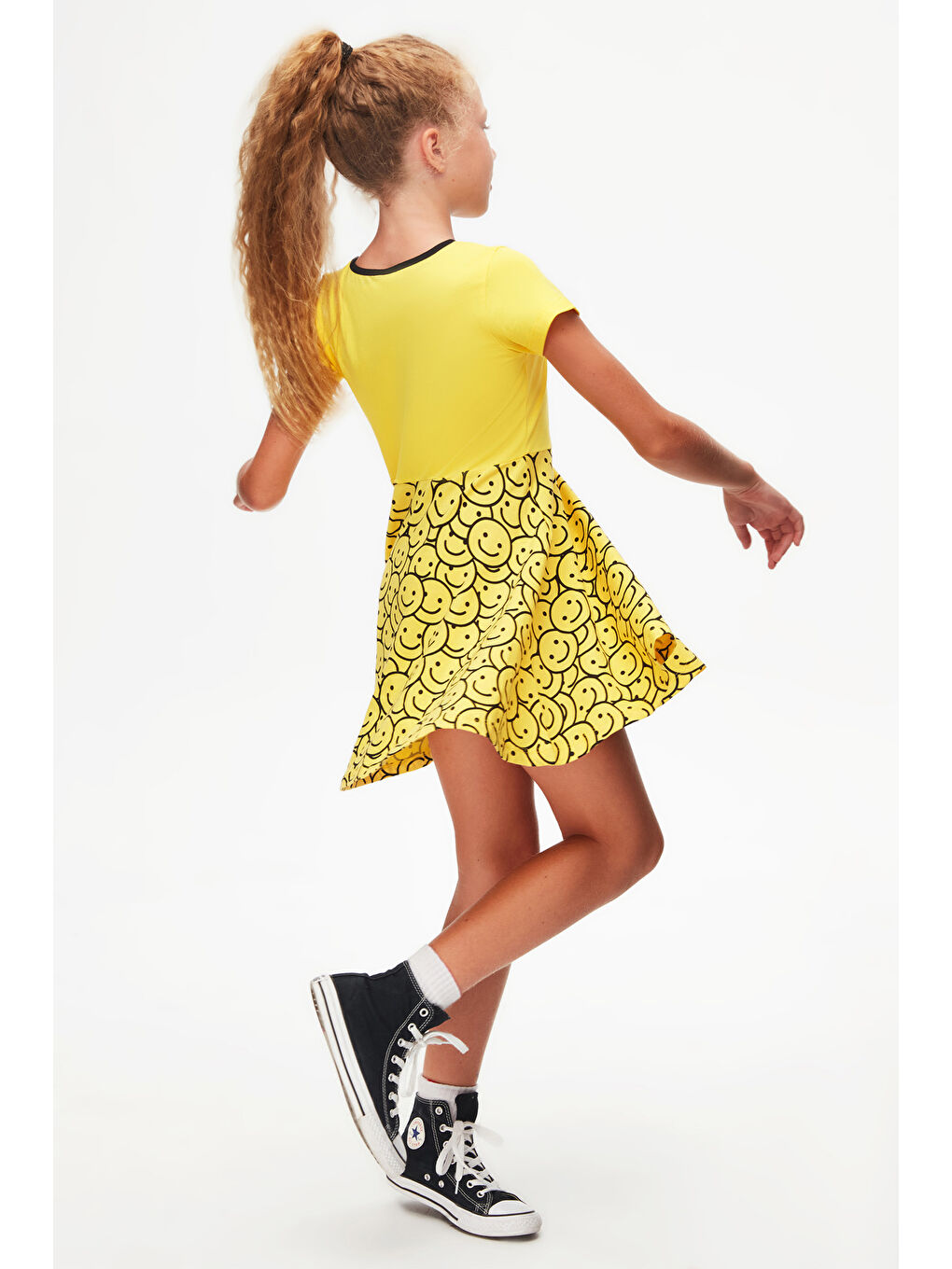 Sarı Gülen Yüz Kız Çocuk Desenli Smile Baskılı Kısa Kol Elbise-1