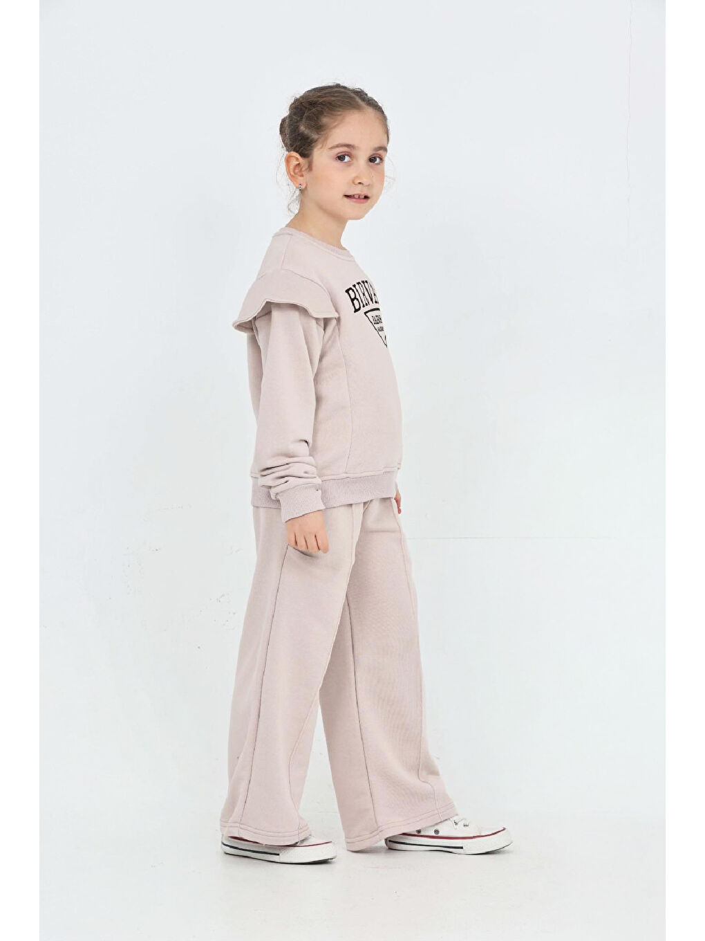 Kahverengi Kız Çocuk Omuz Vatka Detaylı 3 İplik Eşofman Takımı 4-8 Yaş 12560-1