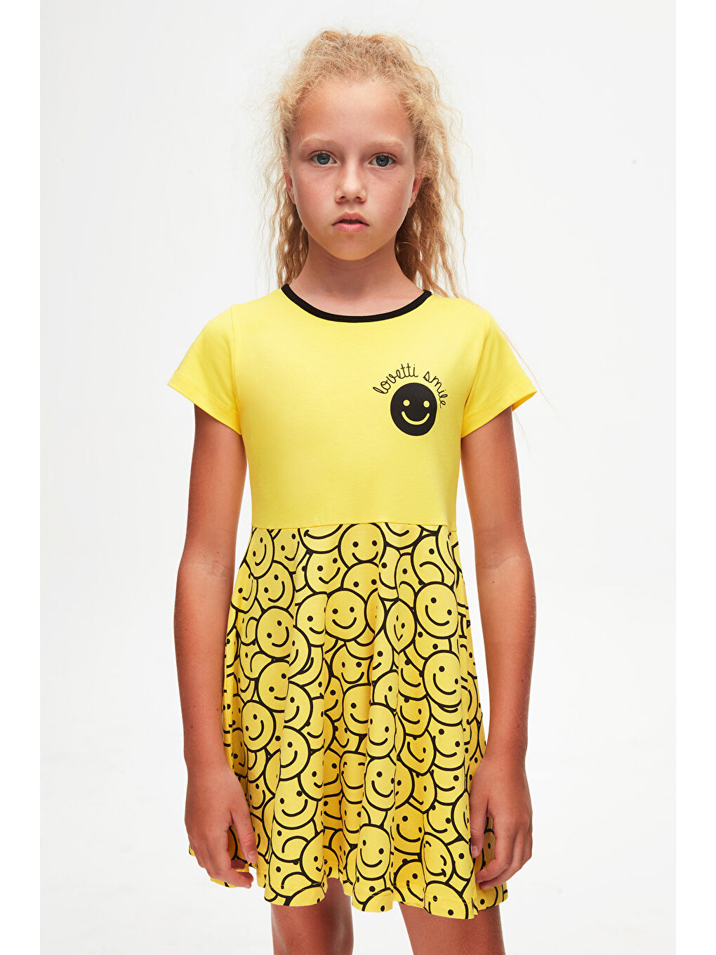 Sarı Gülen Yüz Kız Çocuk Desenli Smile Baskılı Kısa Kol Elbise-2