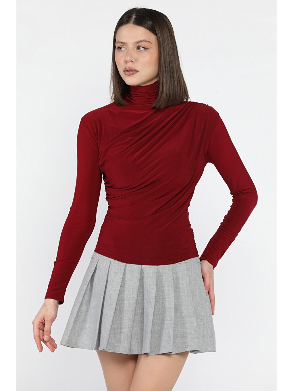 Bordo Omuz Ve Bel Drapeli Uzun Kol Bluz-1