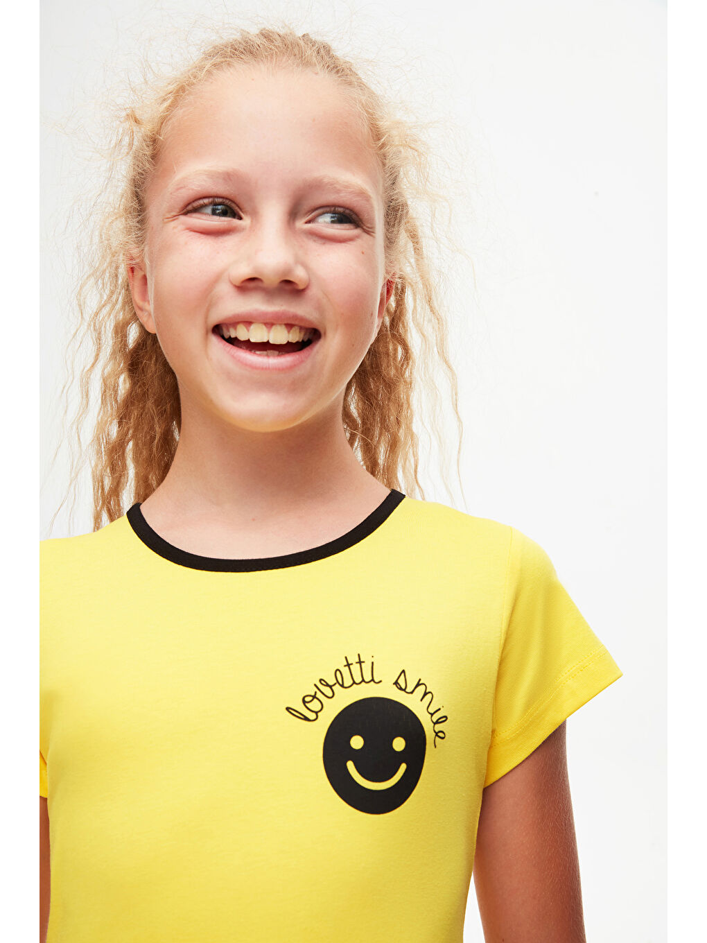 Sarı Gülen Yüz Kız Çocuk Desenli Smile Baskılı Kısa Kol Elbise-3