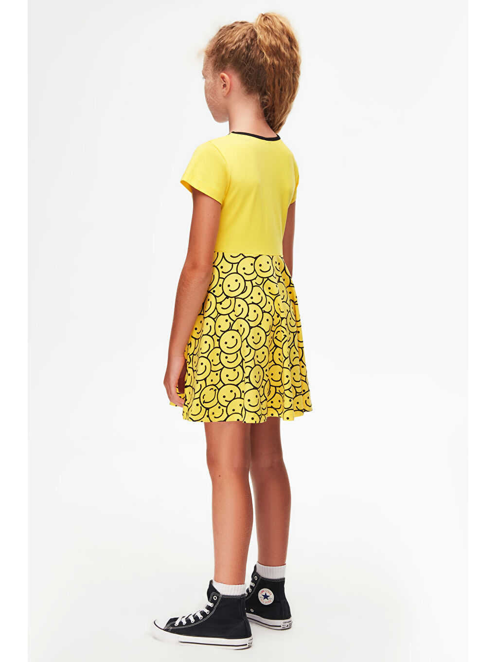 Sarı Gülen Yüz Kız Çocuk Desenli Smile Baskılı Kısa Kol Elbise-4