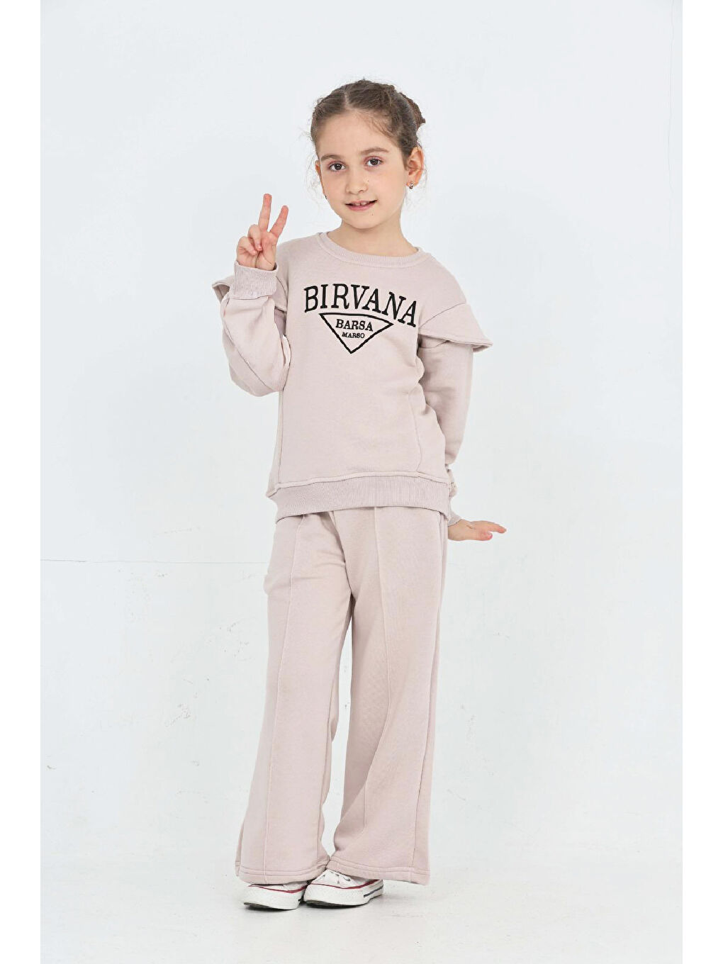 Kahverengi Kız Çocuk Omuz Vatka Detaylı 3 İplik Eşofman Takımı 4-8 Yaş 12560-2