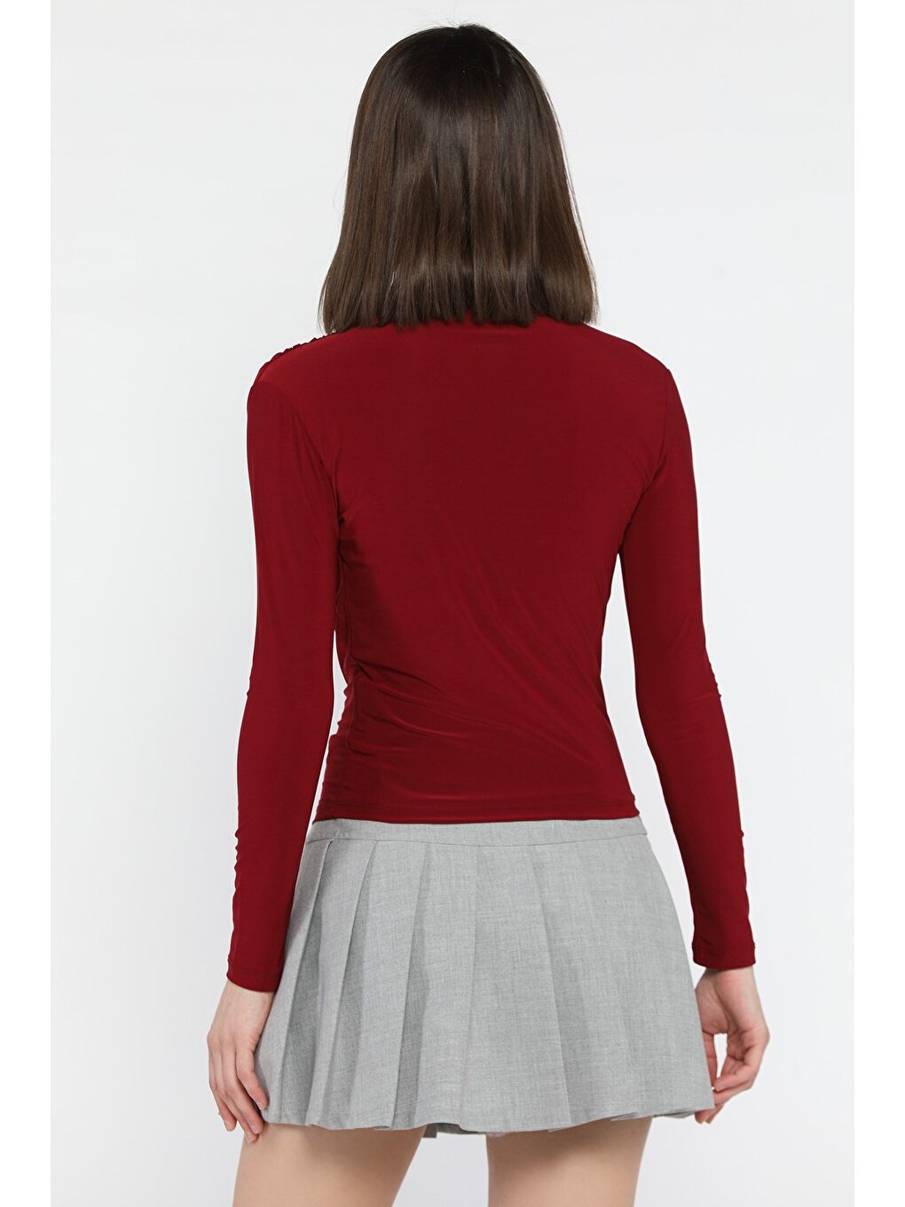 Bordo Omuz Ve Bel Drapeli Uzun Kol Bluz-2