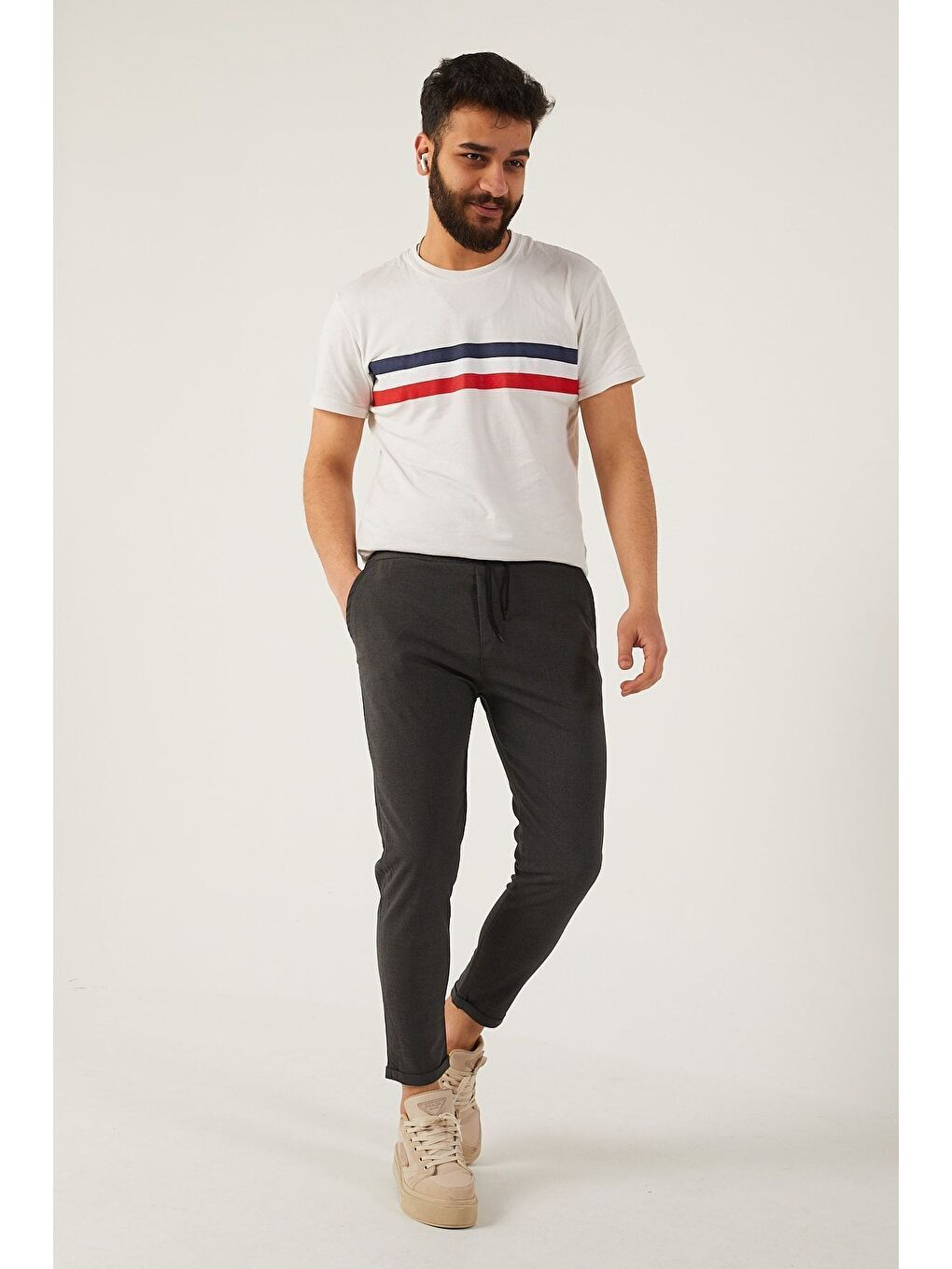 Gri Erkek Dar Kalıp Duble Paça Jogger Pantolon-3