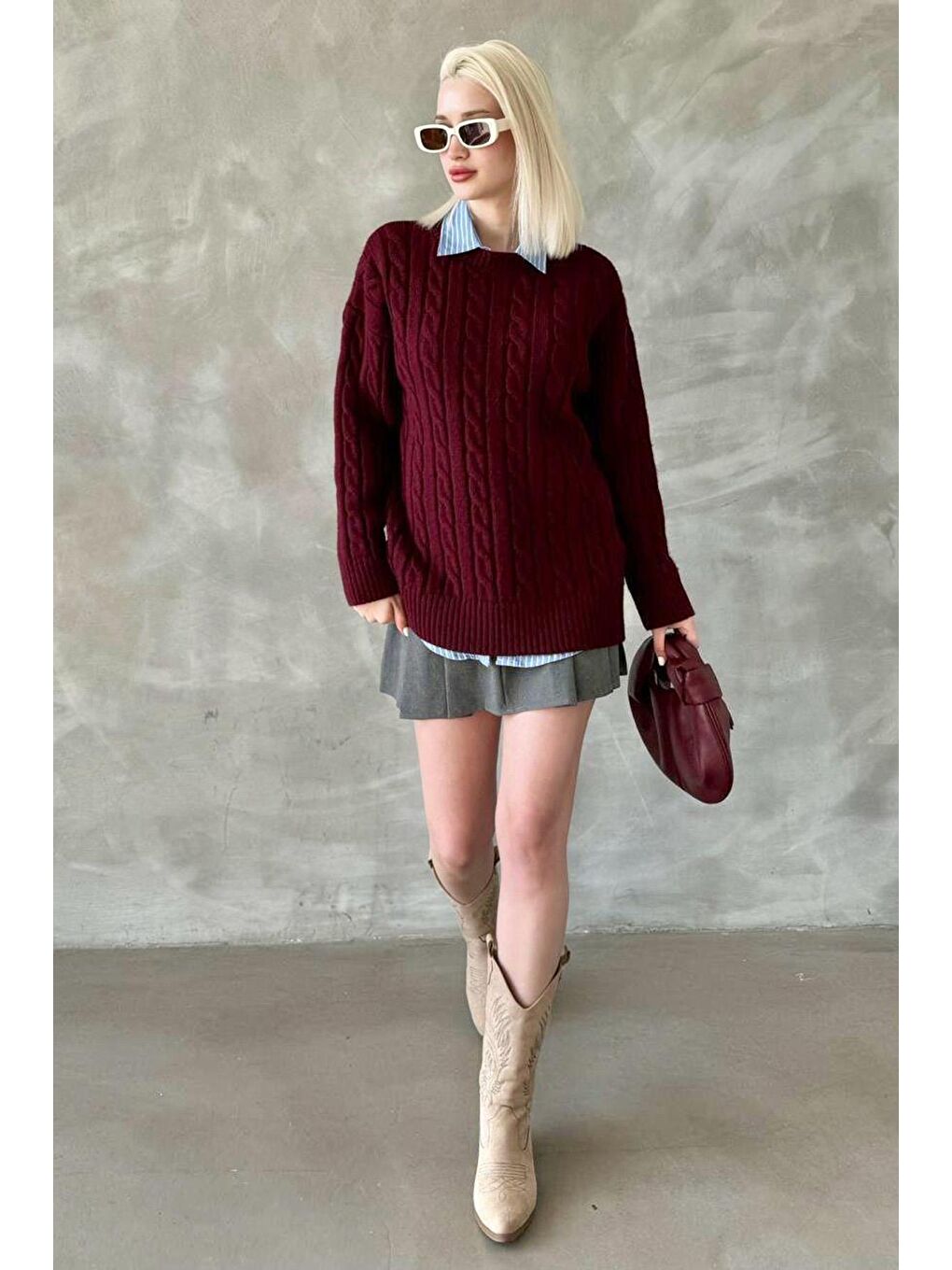 Bordo Bisiklet Yaka Örgülü Triko Kazak Mg2336