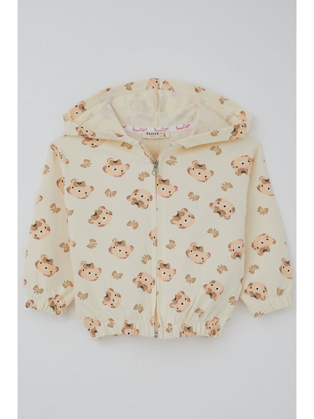 Ekru Kız Bebek Hırka Sevimli Fiyonklu Ayıcık Desenli Krem (9 Ay-3 Yaş)