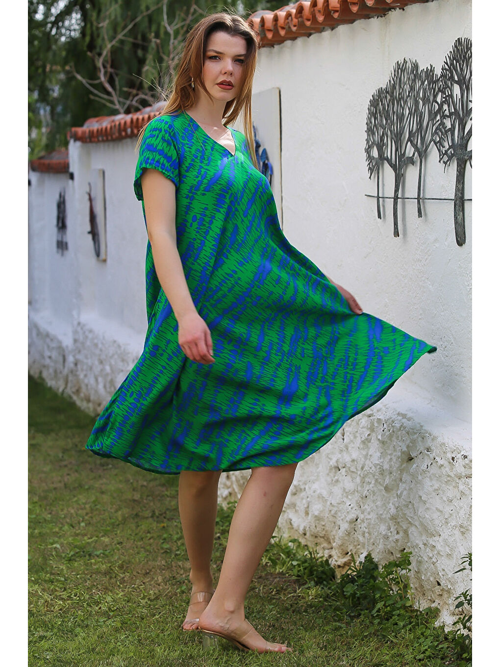 Yeşil V Yaka Düşük Kol Allover Baskılı Casual Viskon Dokuma Elbise 115 66-2