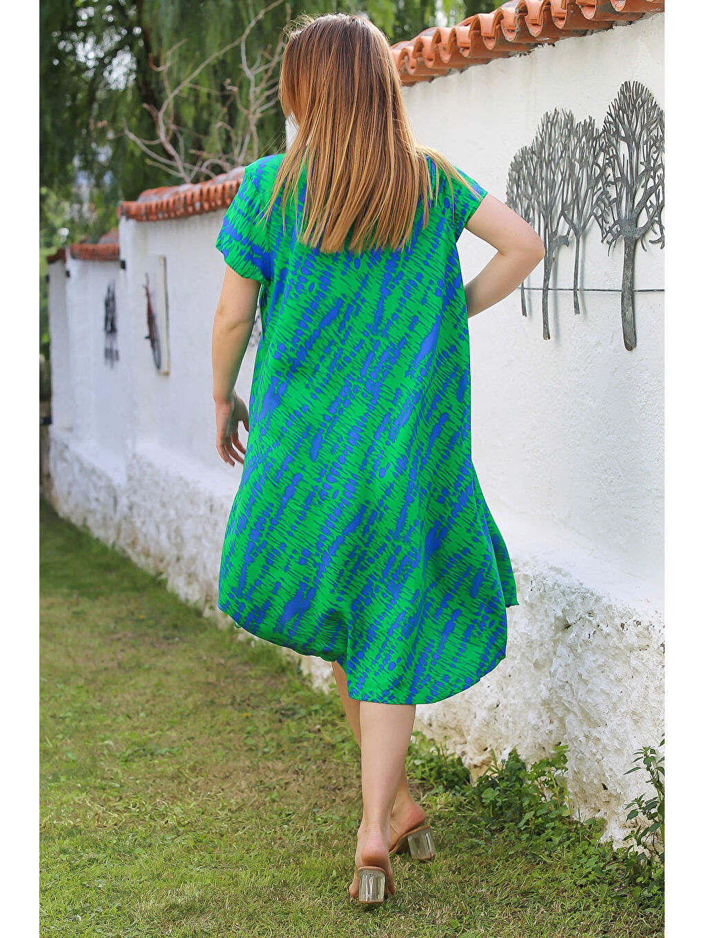 Yeşil V Yaka Düşük Kol Allover Baskılı Casual Viskon Dokuma Elbise 115 66-3