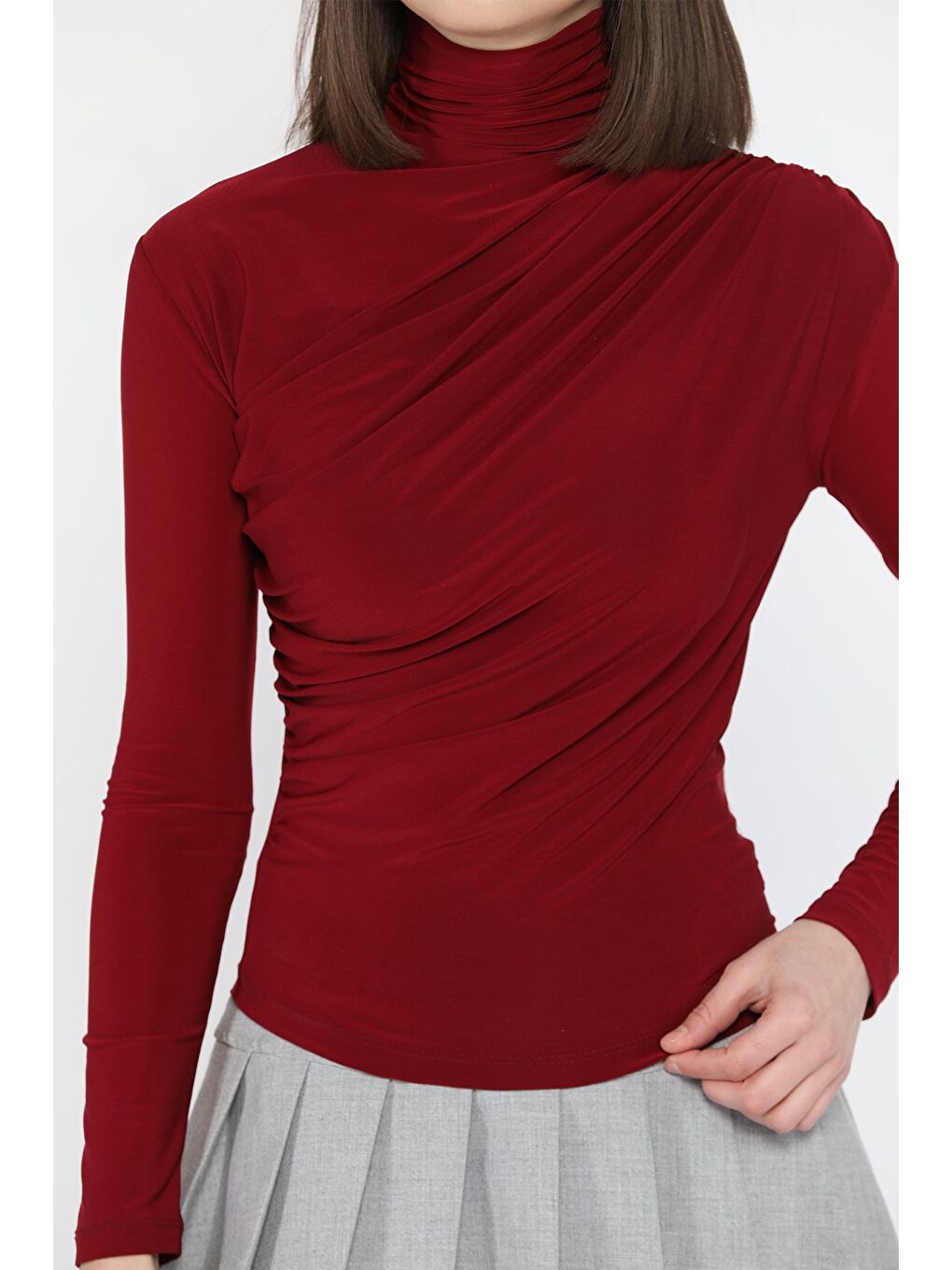 Bordo Omuz Ve Bel Drapeli Uzun Kol Bluz-3