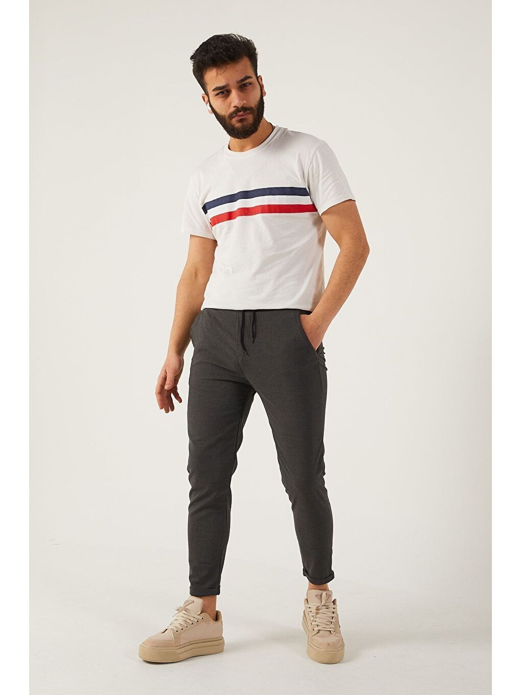 Gri Erkek Dar Kalıp Duble Paça Jogger Pantolon-4