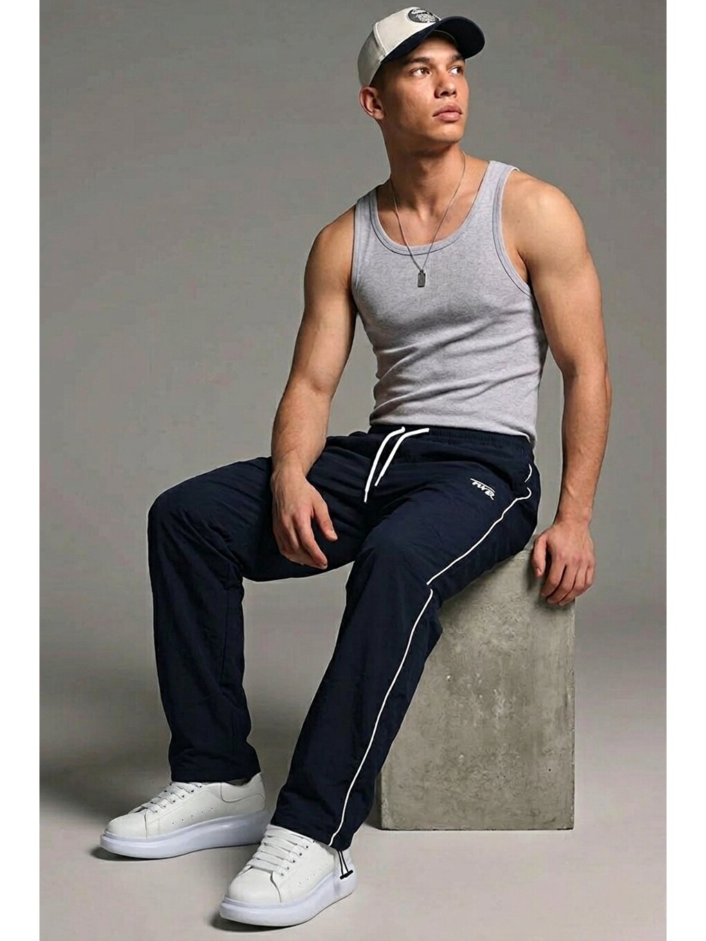Erkek Premium Comfort Baskılı Bol Lacivert Eşofman Altı-1
