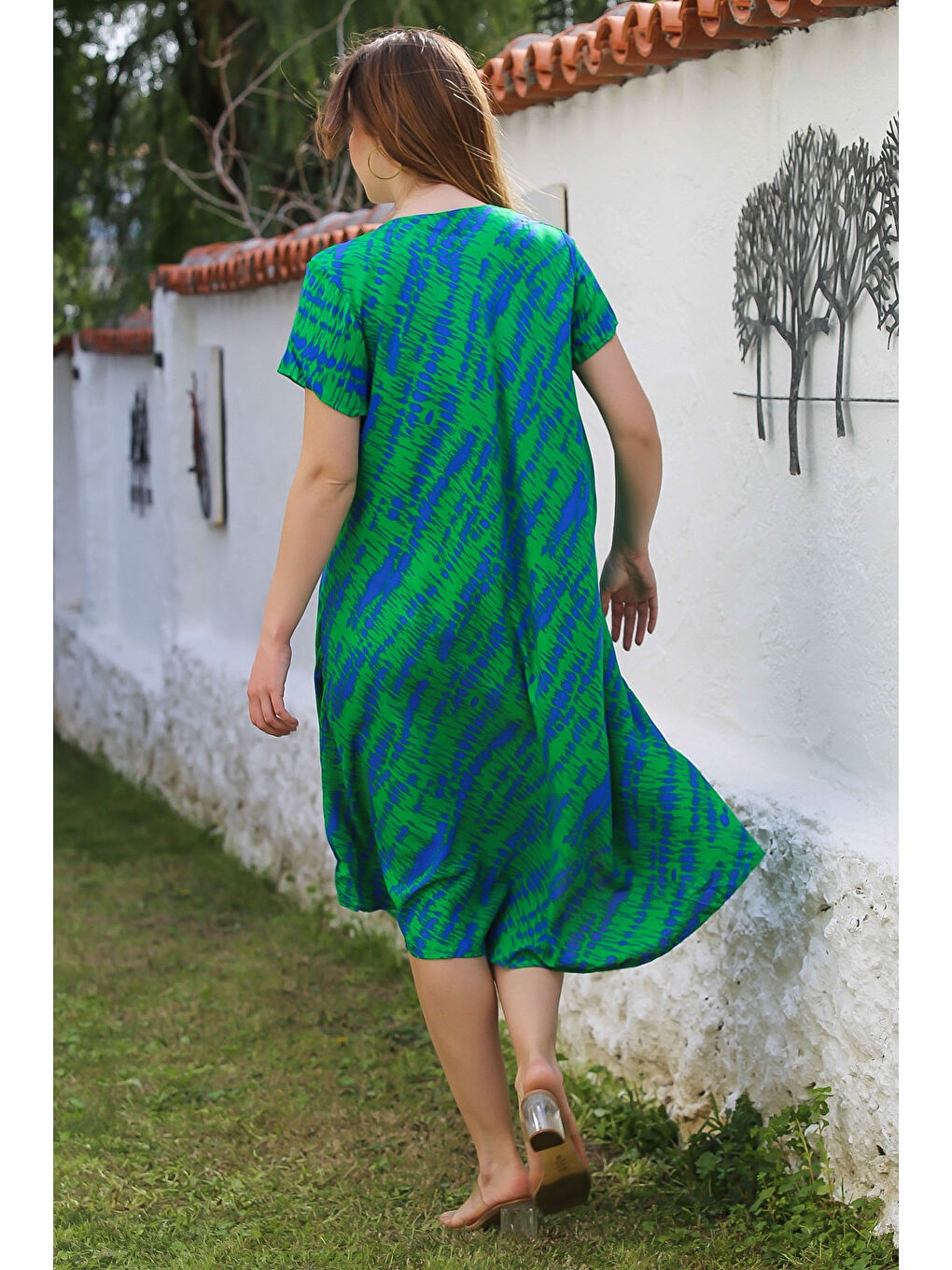 Yeşil V Yaka Düşük Kol Allover Baskılı Casual Viskon Dokuma Elbise 115 66-4