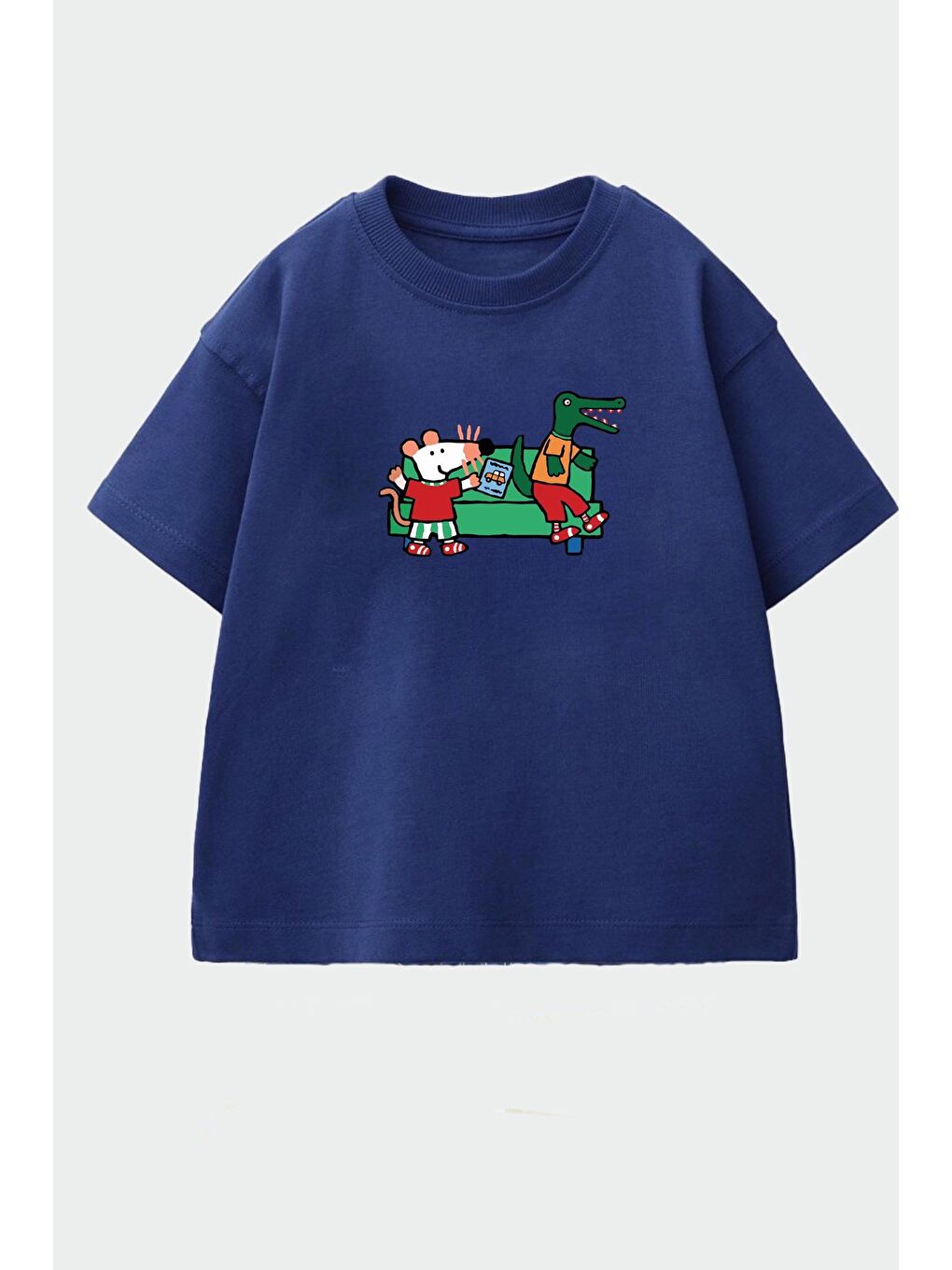 Lacivert Erkek Çocuk Pamuklu Bisiklet Yaka Baskılı T-Shirt