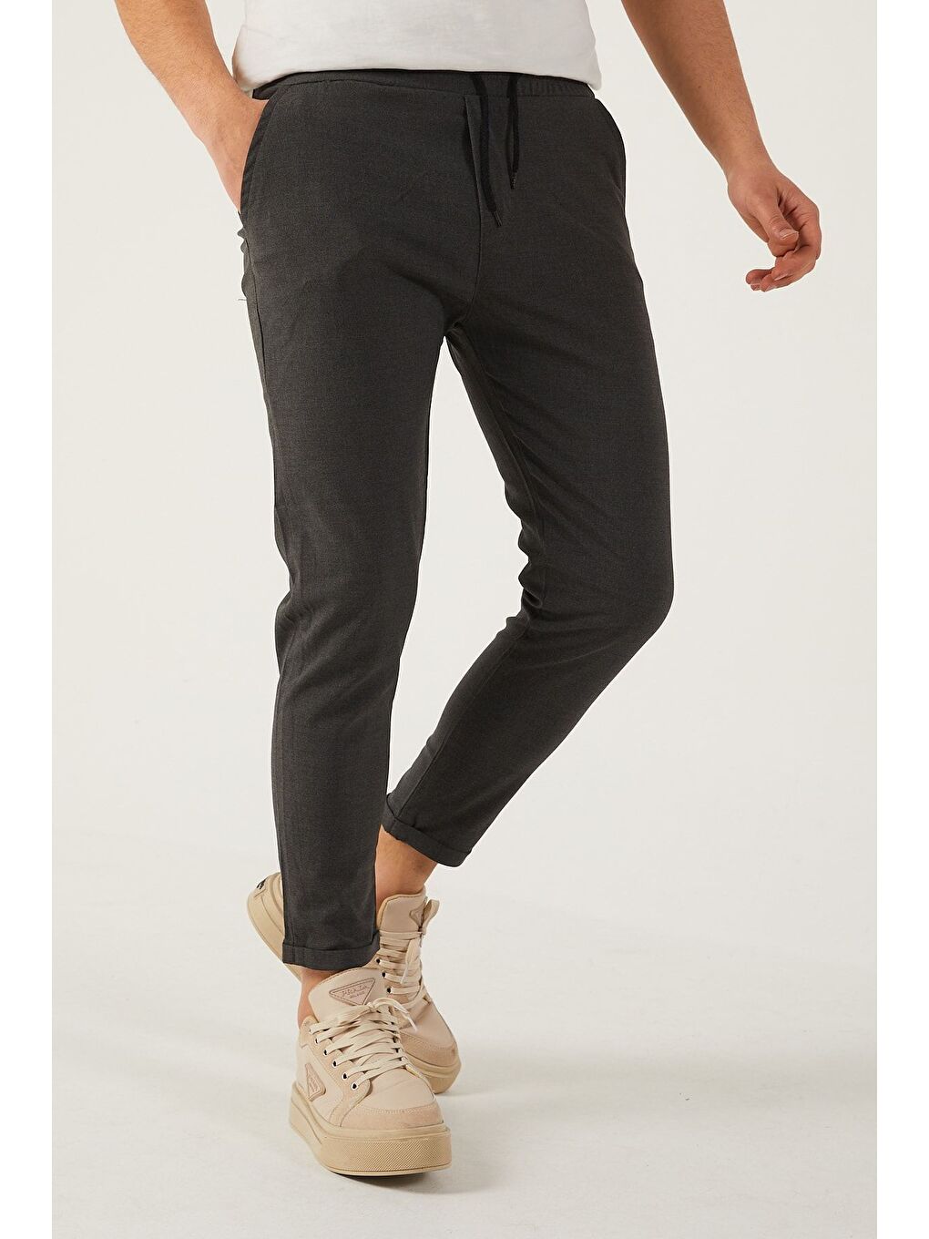 Gri Erkek Dar Kalıp Duble Paça Jogger Pantolon-5