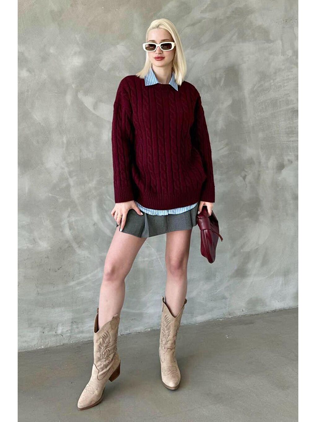 Bordo Bisiklet Yaka Örgülü Triko Kazak Mg2336-1