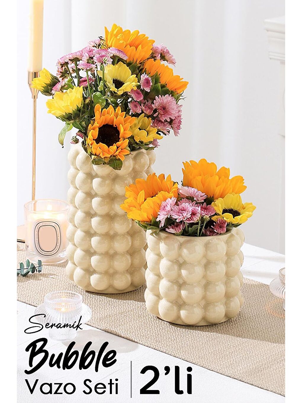 Ekru 2li Seramik Bubble Vazo Seti
