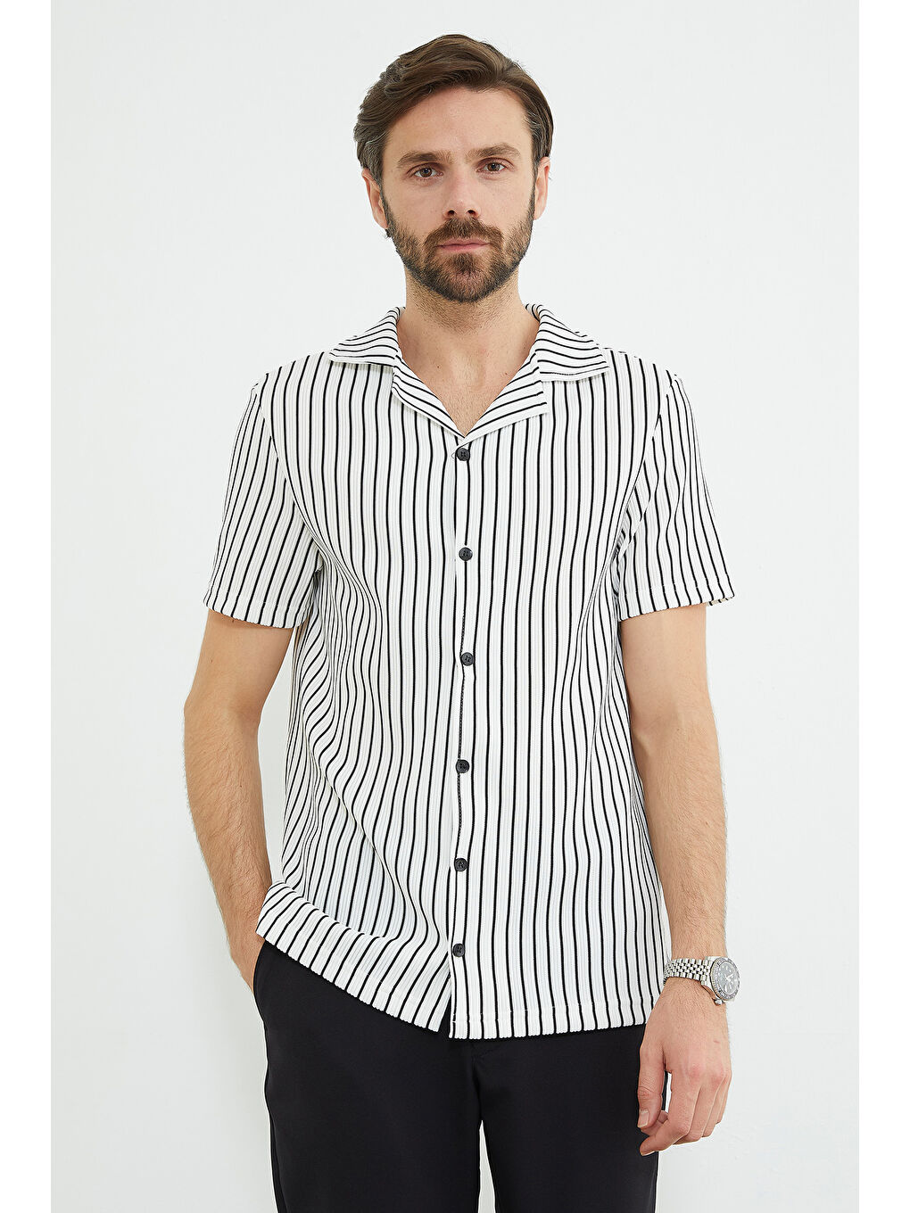 Beyaz Çizgili Fitilli Kısa Kollu Gömlek-1