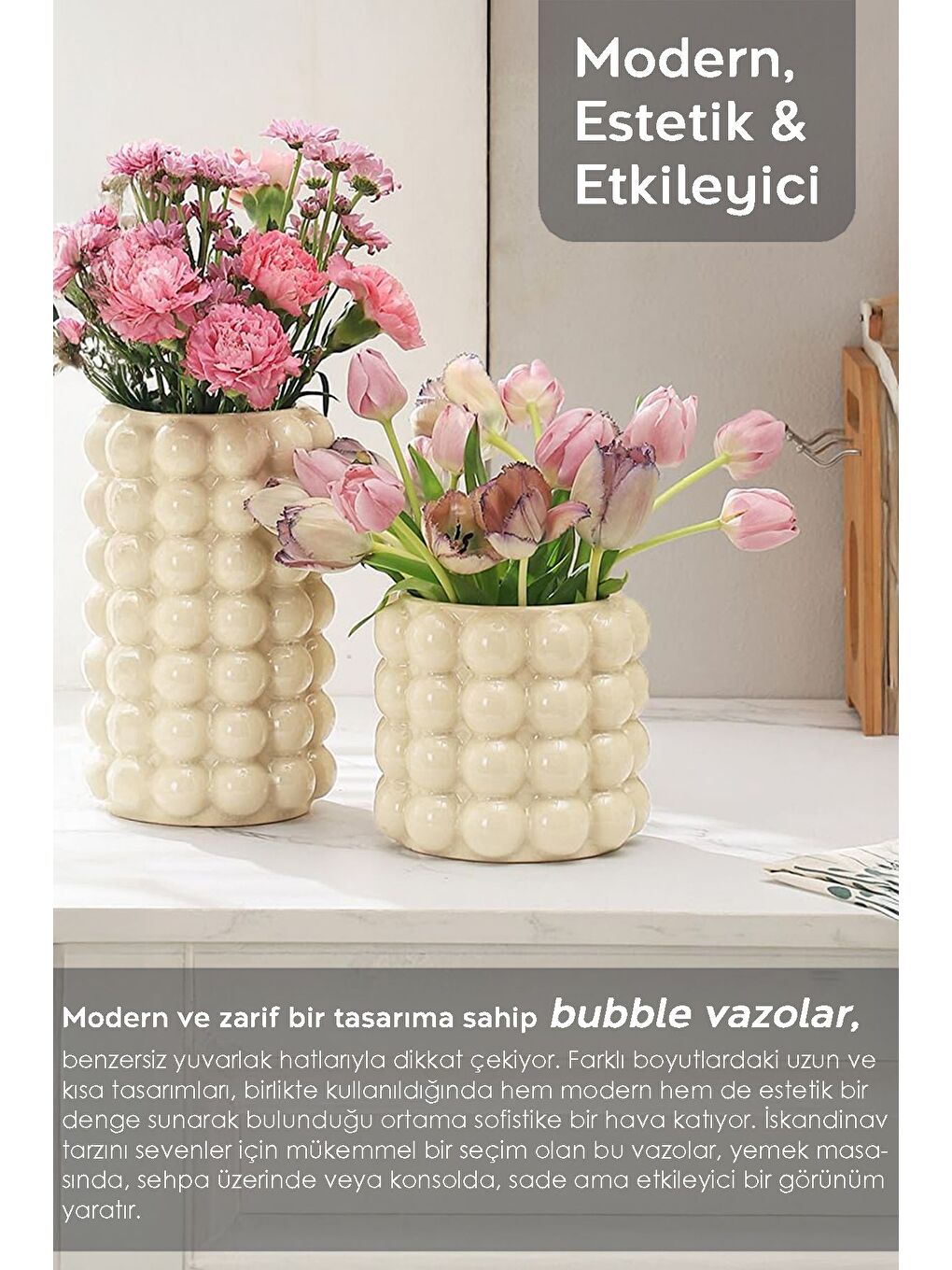 Ekru 2li Seramik Bubble Vazo Seti-1