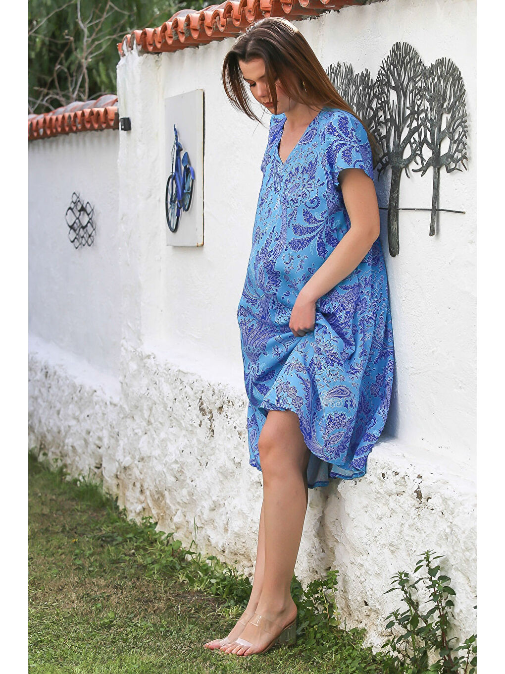 Mavi V Yaka Düşük Kol Allover Baskılı Casual Viskon Dokuma Elbise 115 66-3