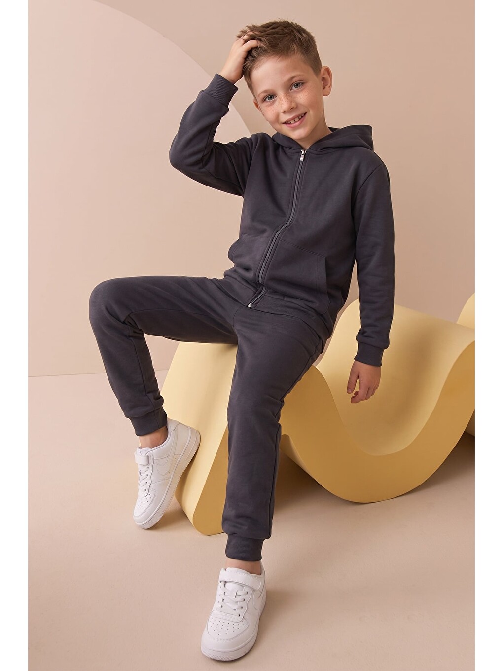 Antrasit Kapüşonlu Fermuarlı Unisex Çocuk Eşofman Takımı