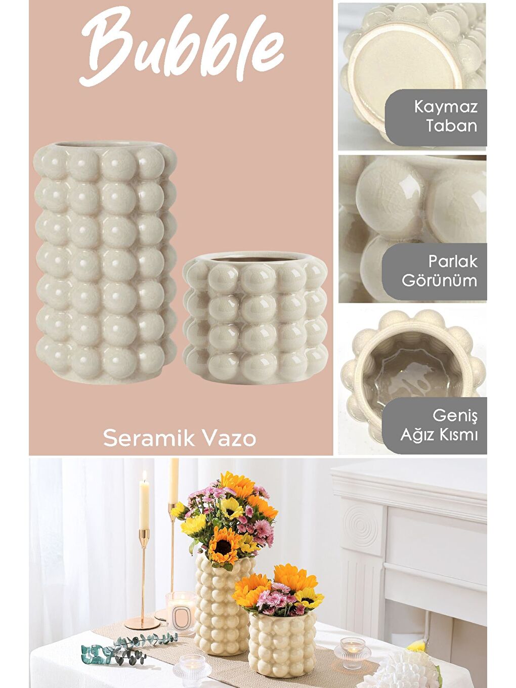 Ekru 2li Seramik Bubble Vazo Seti-2