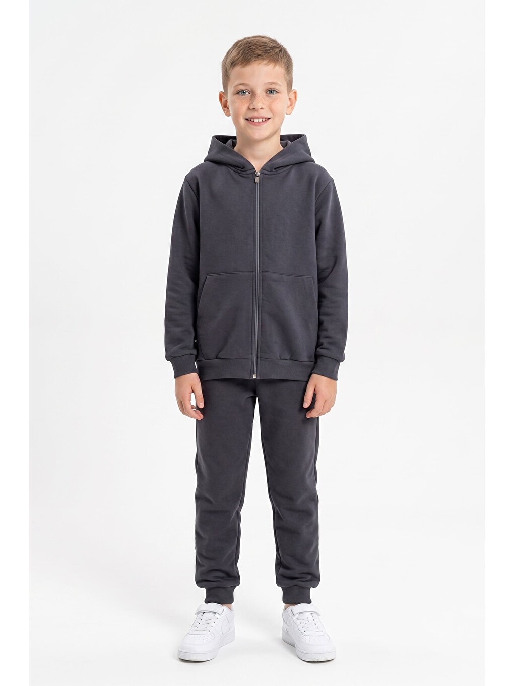 Antrasit Kapüşonlu Fermuarlı Unisex Çocuk Eşofman Takımı-1