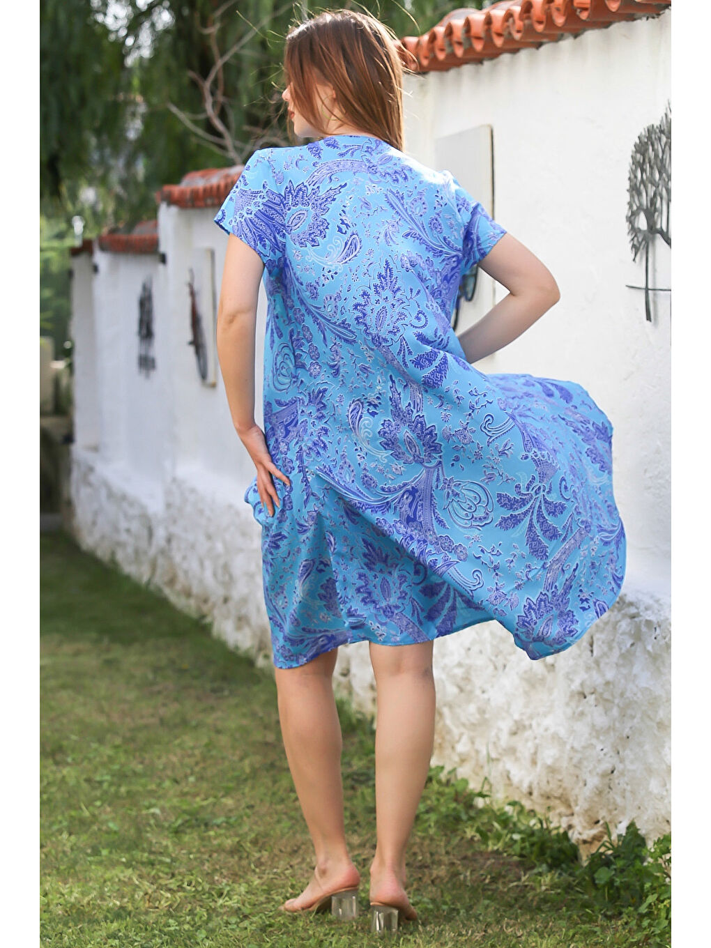 Mavi V Yaka Düşük Kol Allover Baskılı Casual Viskon Dokuma Elbise 115 66-7